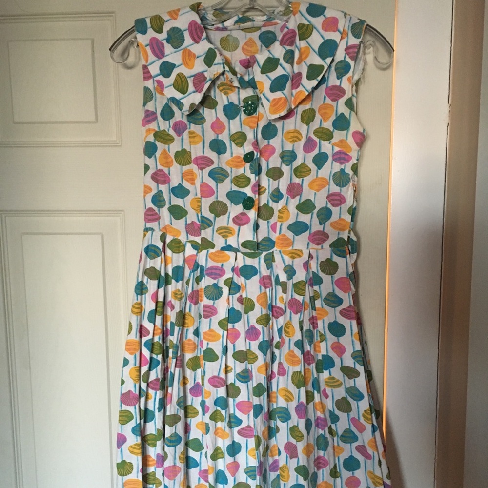 Vintage Shell Print Collared Dress, 50s, 60s